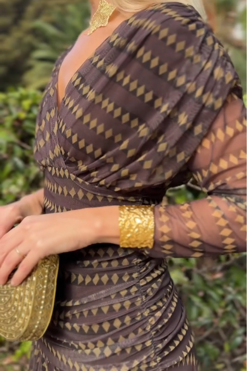 Bohemian Patterned V Neck Mesh Maxi Dress