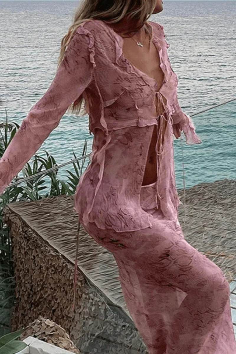 Blouse Wood Ear Print Long Skirt Suit Two Pieces
