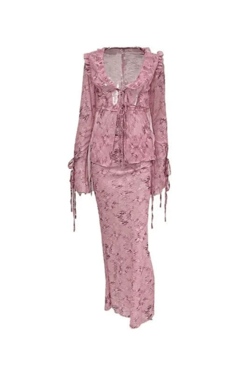 Blouse Wood Ear Print Long Skirt Suit Two Pieces