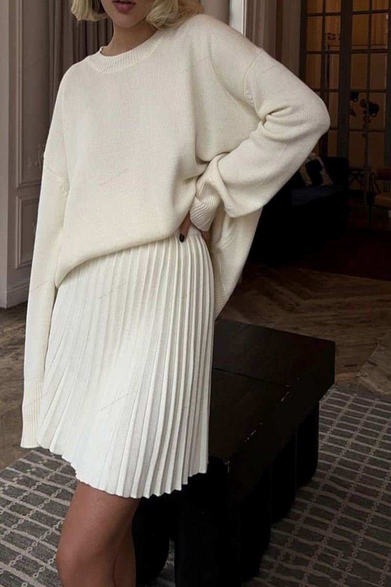 Solid Color Pullover Sweater & Pleated Skirt Set
