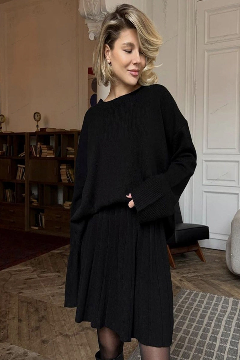 Solid Color Pullover Sweater & Pleated Skirt Set