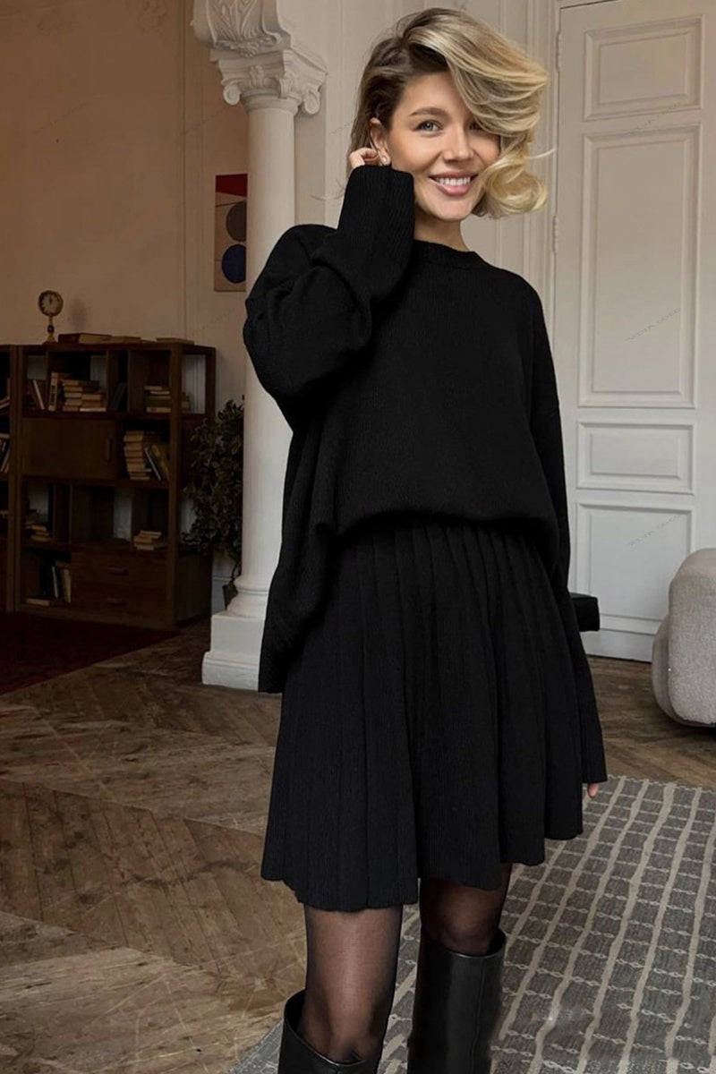 Solid Color Pullover Sweater & Pleated Skirt Set