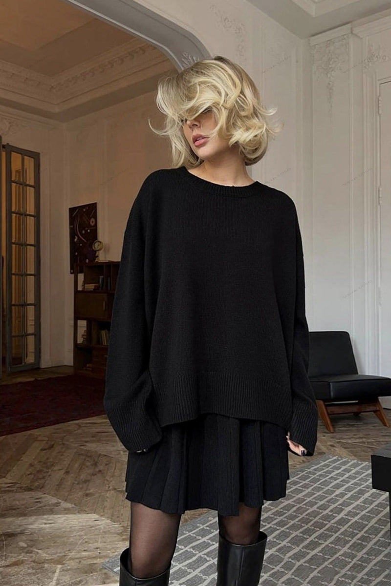Solid Color Pullover Sweater & Pleated Skirt Set