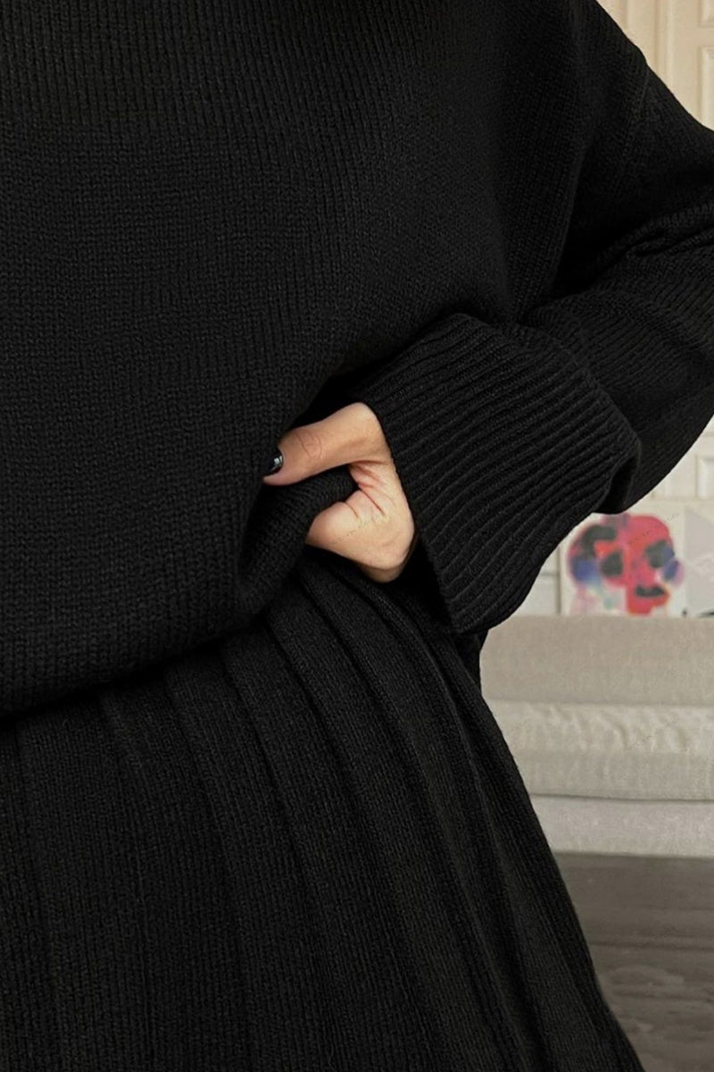 Solid Color Pullover Sweater & Pleated Skirt Set